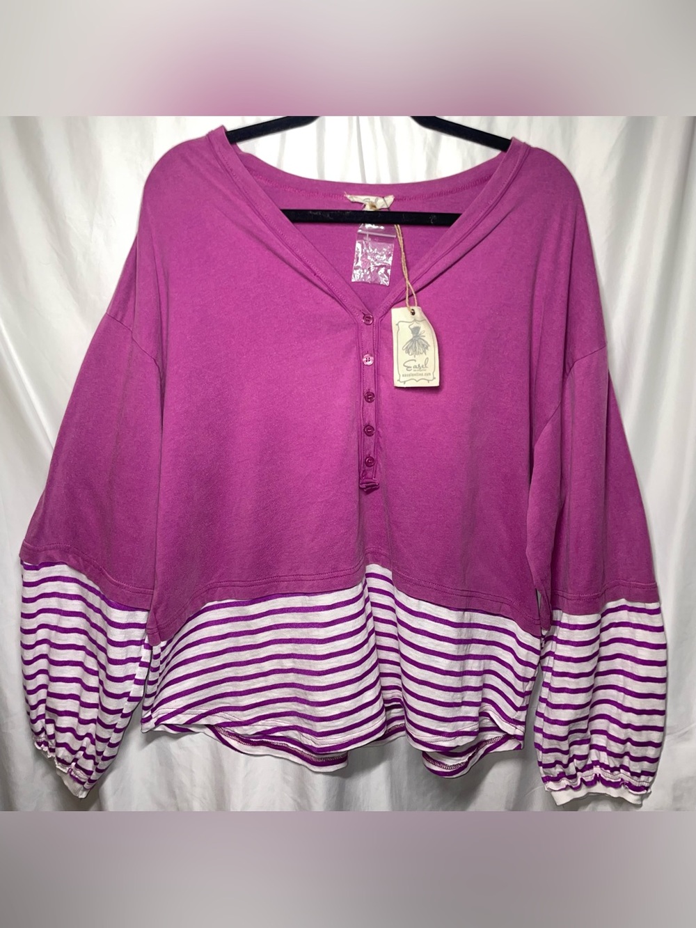 Easel Los Angeles Pink & Striped Mixed Media Oversized Henley Top Size M NWT
